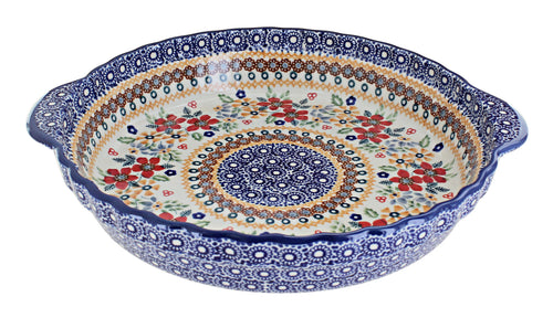 Polish Pottery Red Daisy Pie Plate with Handles