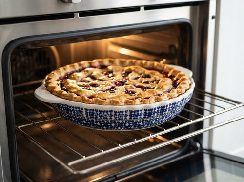 A baked pie in a blue and white patterned ceramic dish sitting on the middle rack of an oven.
