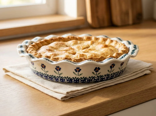 Polish pottery pie plate in Blue Daisy pattern sitting on a linen towel by a sunny window. A pie is baked inside 