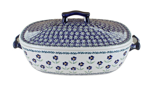 Polish Pottery Blue Daisy Roaster with Lid