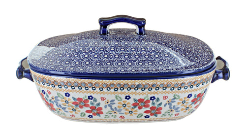 Polish Pottery Red Daisy Roaster with Lid