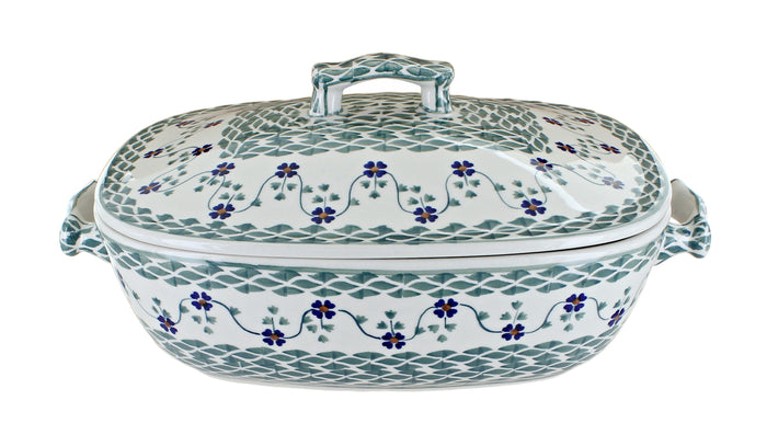 Polish Pottery Sage Floral Roaster with Lid