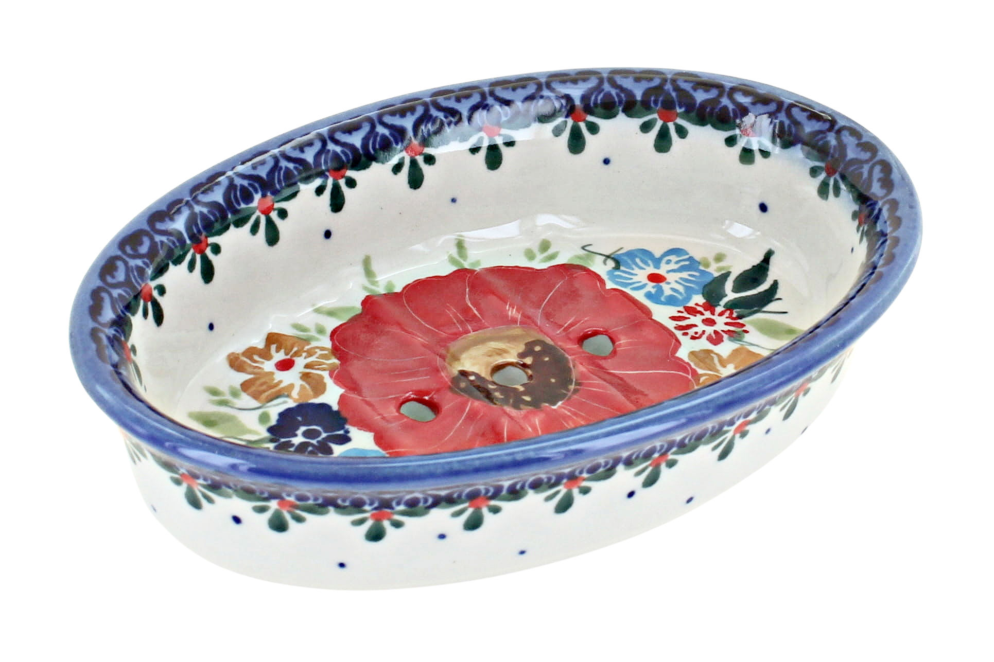 Blue Rose Polish Pottery | Amelie Soap Dish with Drain Holes