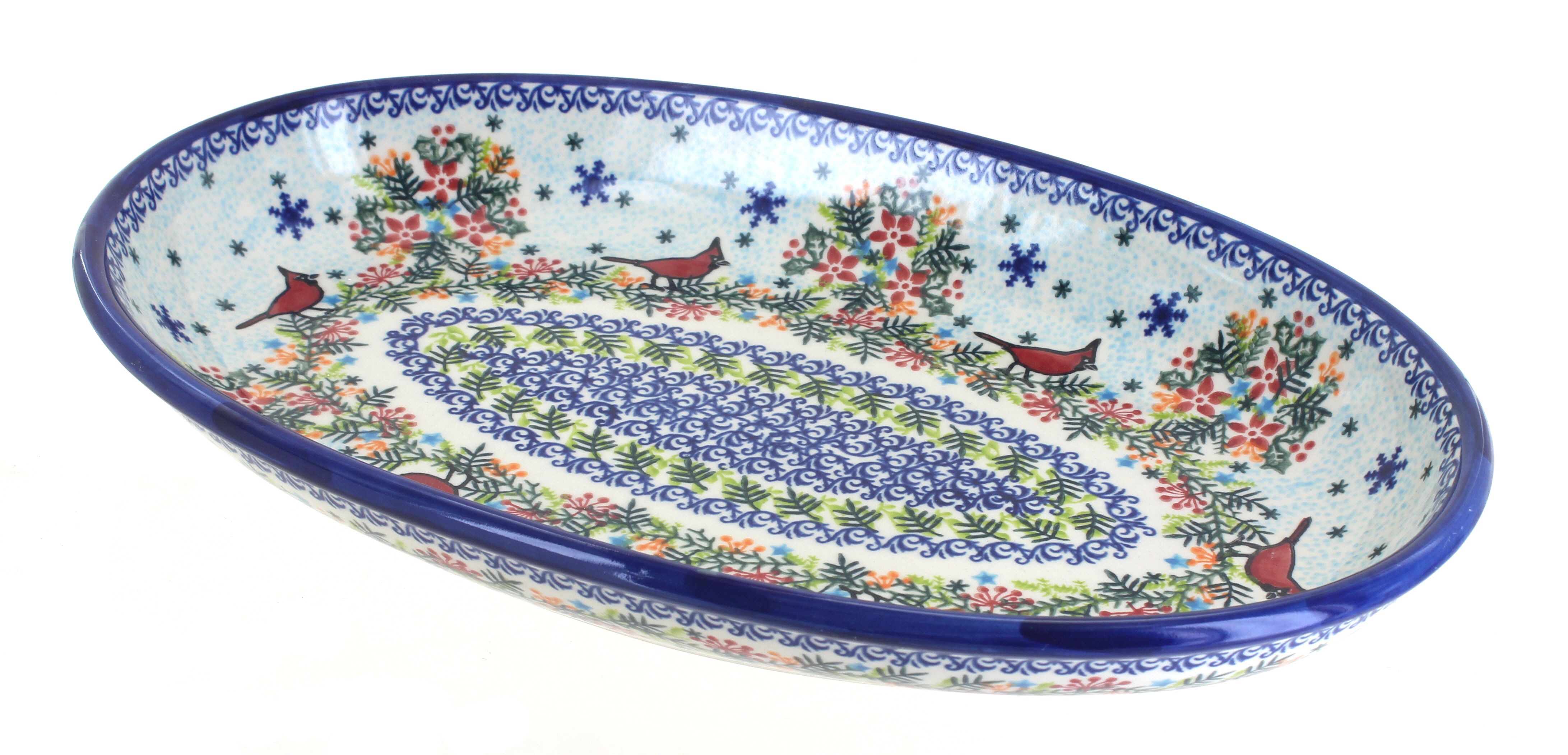 Blue Rose Polish Pottery | Winter Cardinal Oval Platter