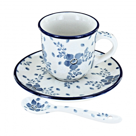 Blue Rose Polish Pottery | Blue Fleur Espresso Cup & Saucer with Spoon