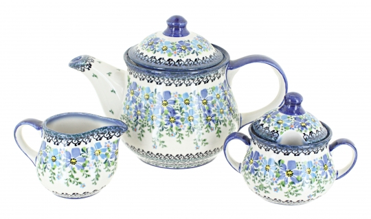 3 Piece Blue Tea Set, Blue Rose Teapot, Creamer & Covered Sugar