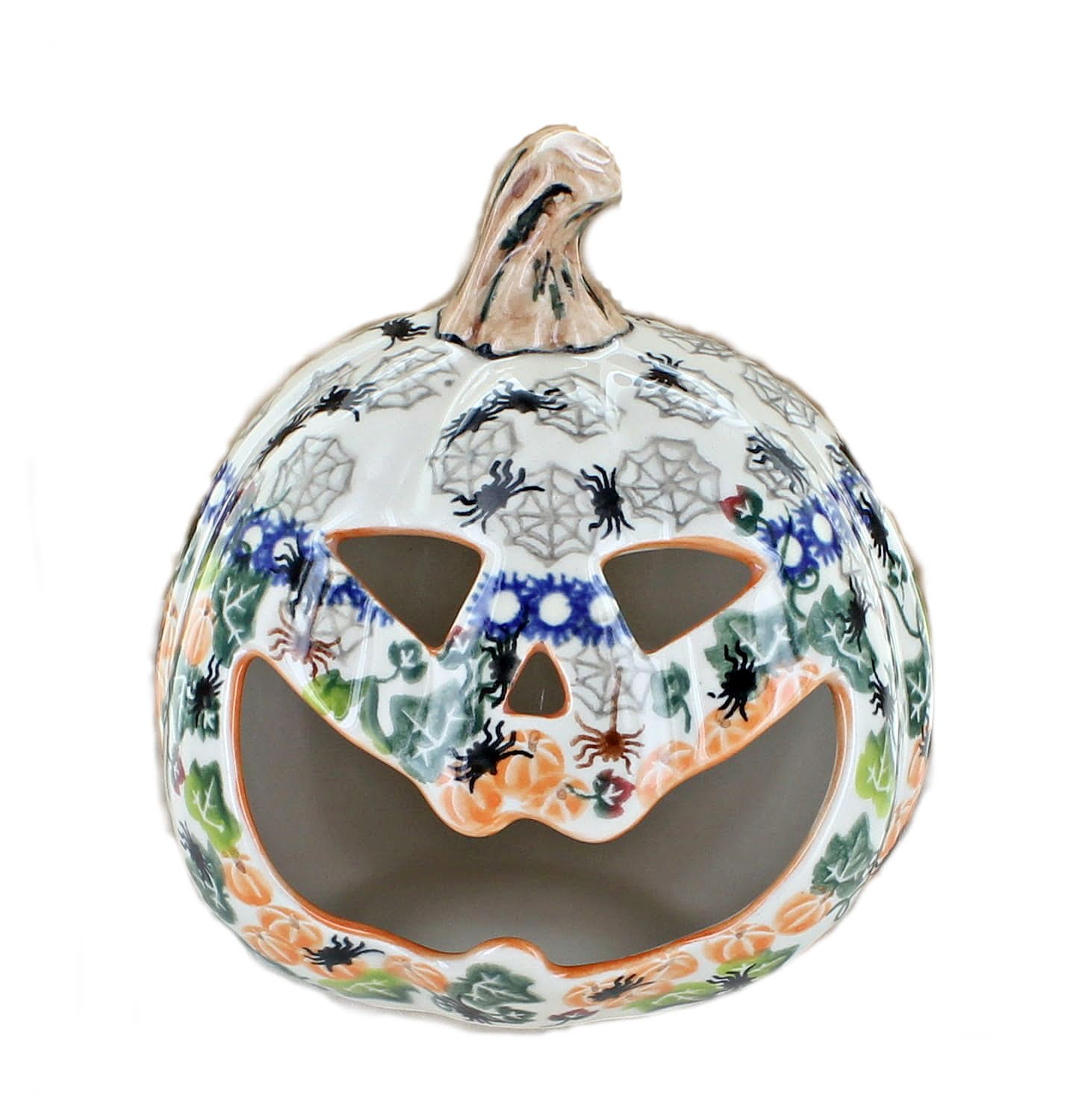 Blue Rose Polish Pottery | Spider Web Pumpkin Luminary