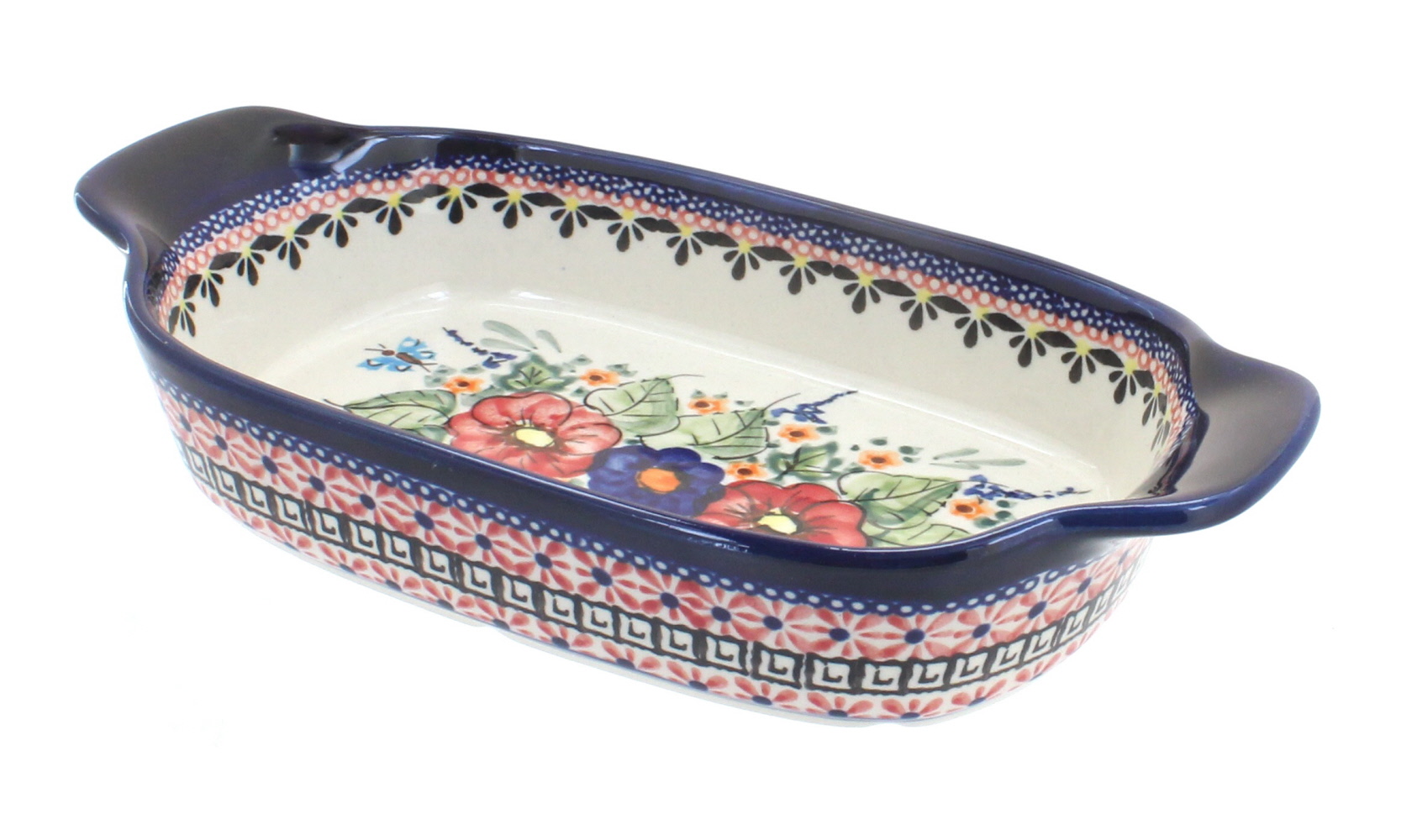 Blue Rose Polish Pottery | Floral Butterfly Rectangular Serving Dish