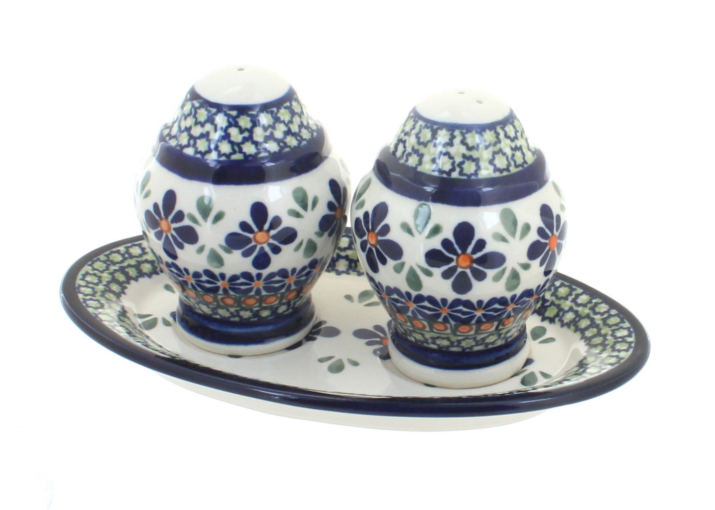 Blue Rose Polish Pottery | Mosaic Flower Salt & Pepper Shaker with Dish