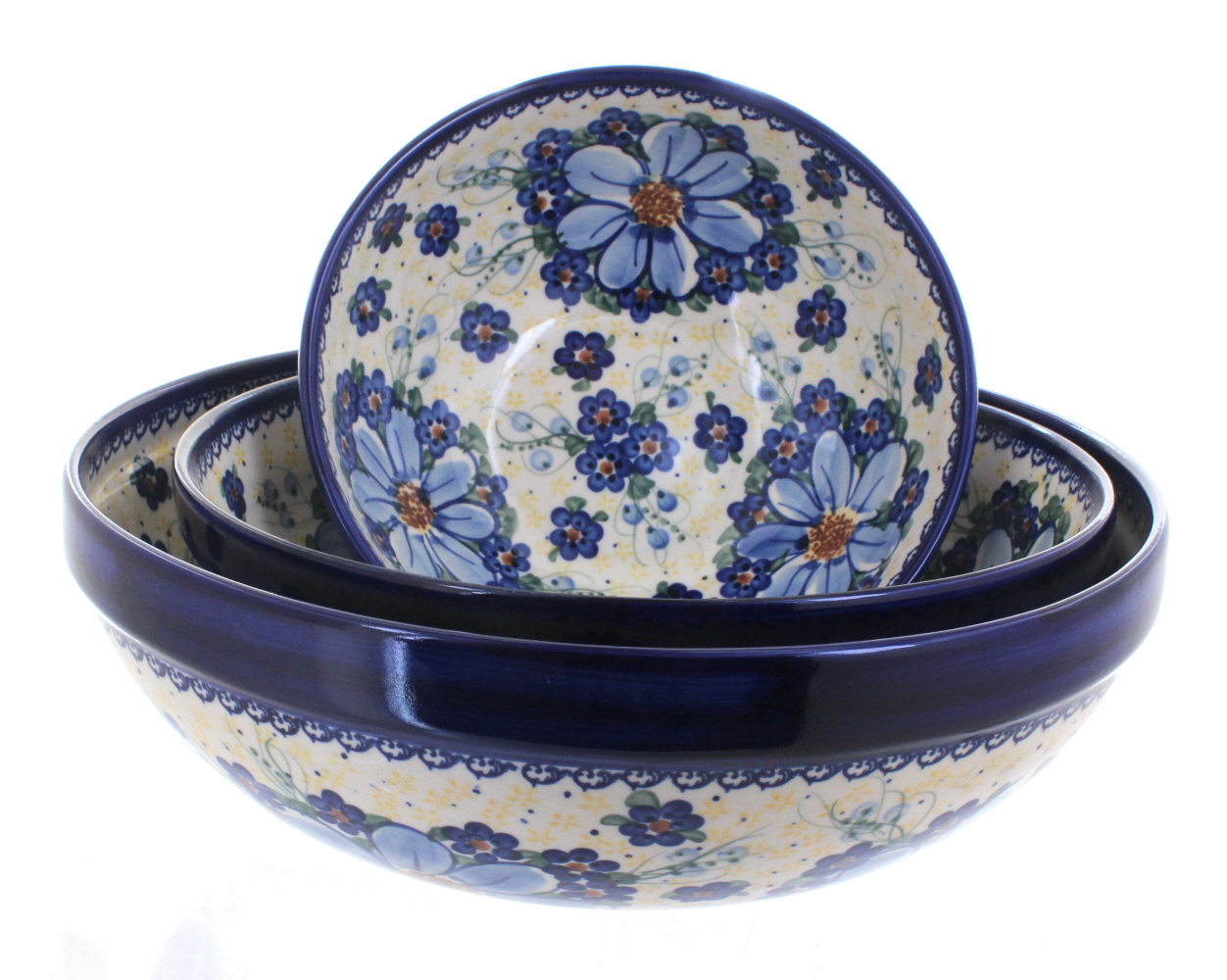 Blue Rose Polish Pottery Daisy Surprise 3 Piece Serving Bowl Set