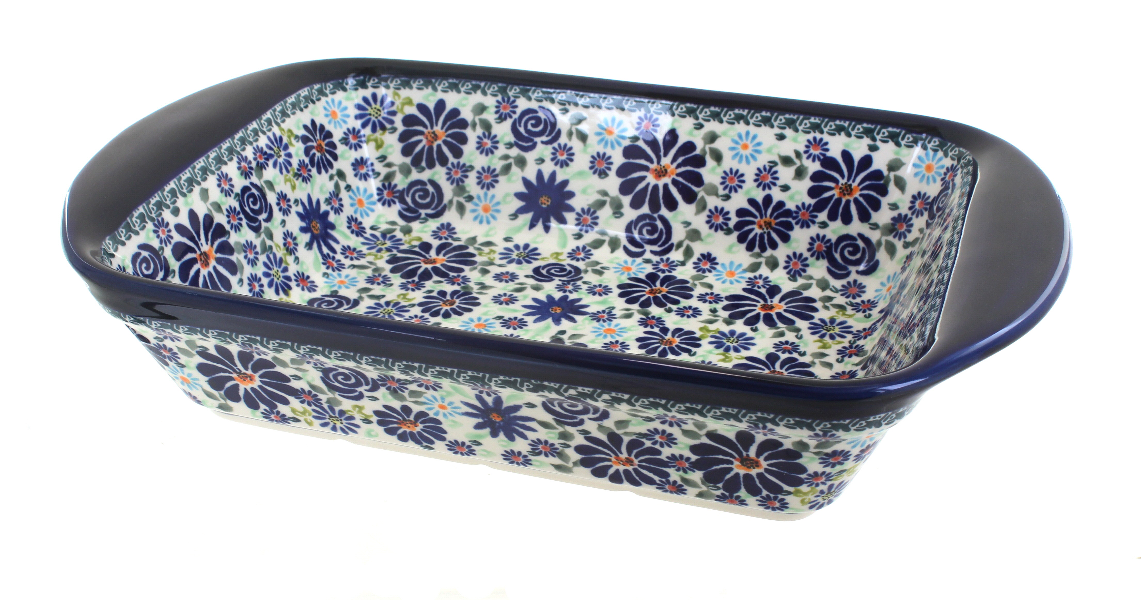 Blue Rose Polish Pottery | Fantasy Large Rectangular Baker with Handles