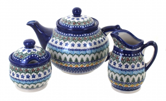 3 Piece Blue Tea Set, Blue Rose Teapot, Creamer & Covered Sugar