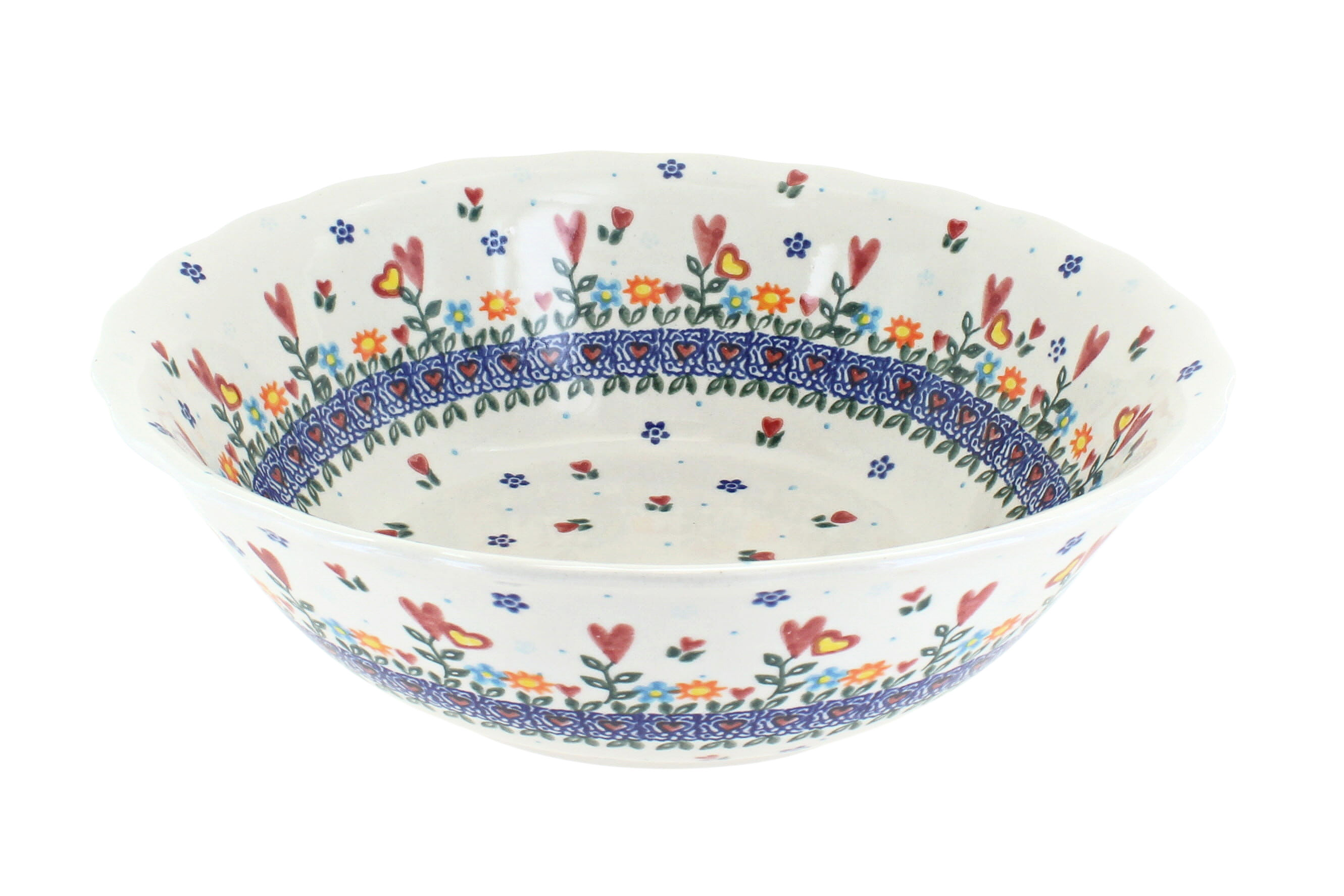 Blue Rose Polish Pottery | Hearts & Flowers Large Serving Bowl