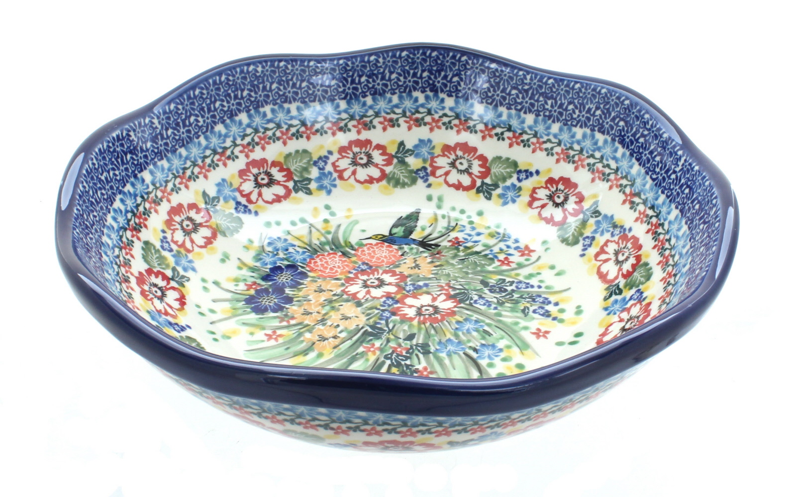 Blue Rose Polish Pottery | Hummingbird Large Scallop Bowl