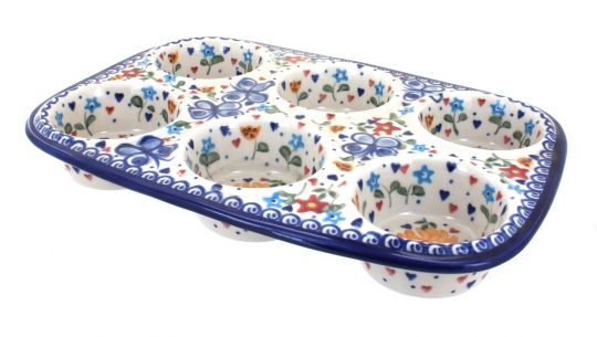 Blue Rose Polish Pottery  Spring Blossom Muffin Pan