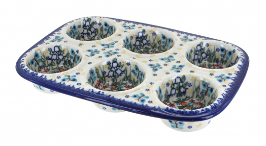 Blue Rose Polish Pottery  Spring Blossom Muffin Pan