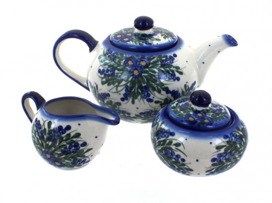 3 Piece Blue Tea Set, Blue Rose Teapot, Creamer & Covered Sugar