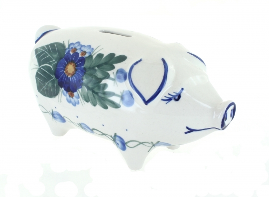 VTG SIGNED PORCELAIN CERAMIC BLUE AND WHITE PIG PIGGY BANK NO