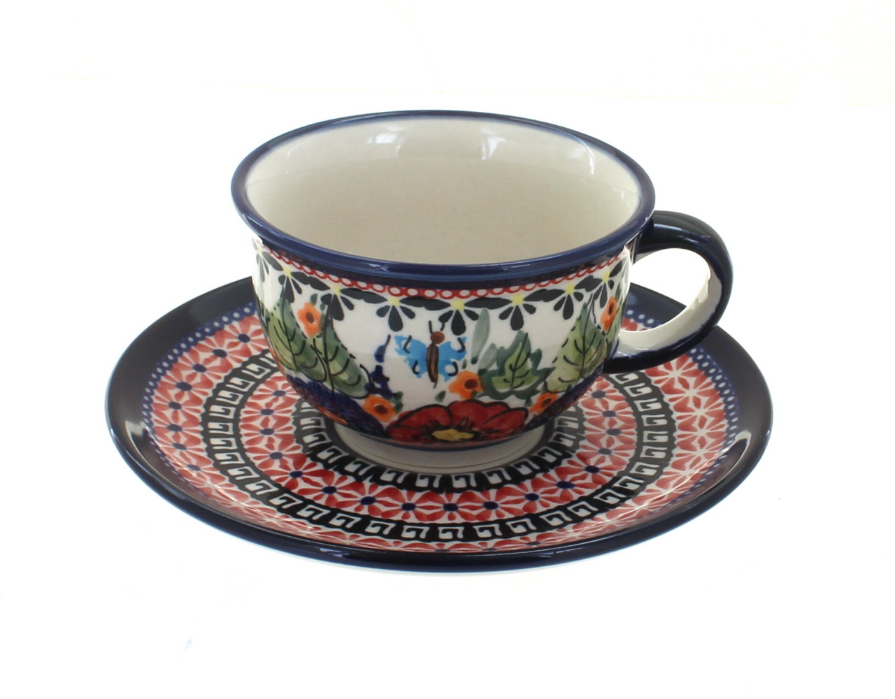 Blue Rose Polish Pottery | Floral Butterfly Cup & Saucer