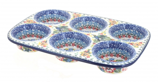 Blue Rose Polish Pottery  Spring Blossom Muffin Pan