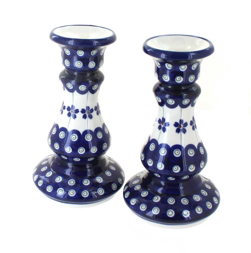 Blue Rose Polish Pottery | Flowering Peacock Candlestick Pair