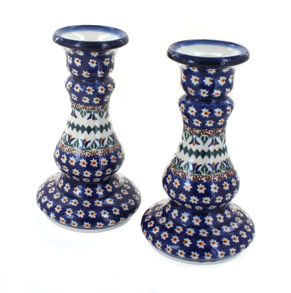 Blue Rose Polish Pottery | Daisy Candlestick Pair