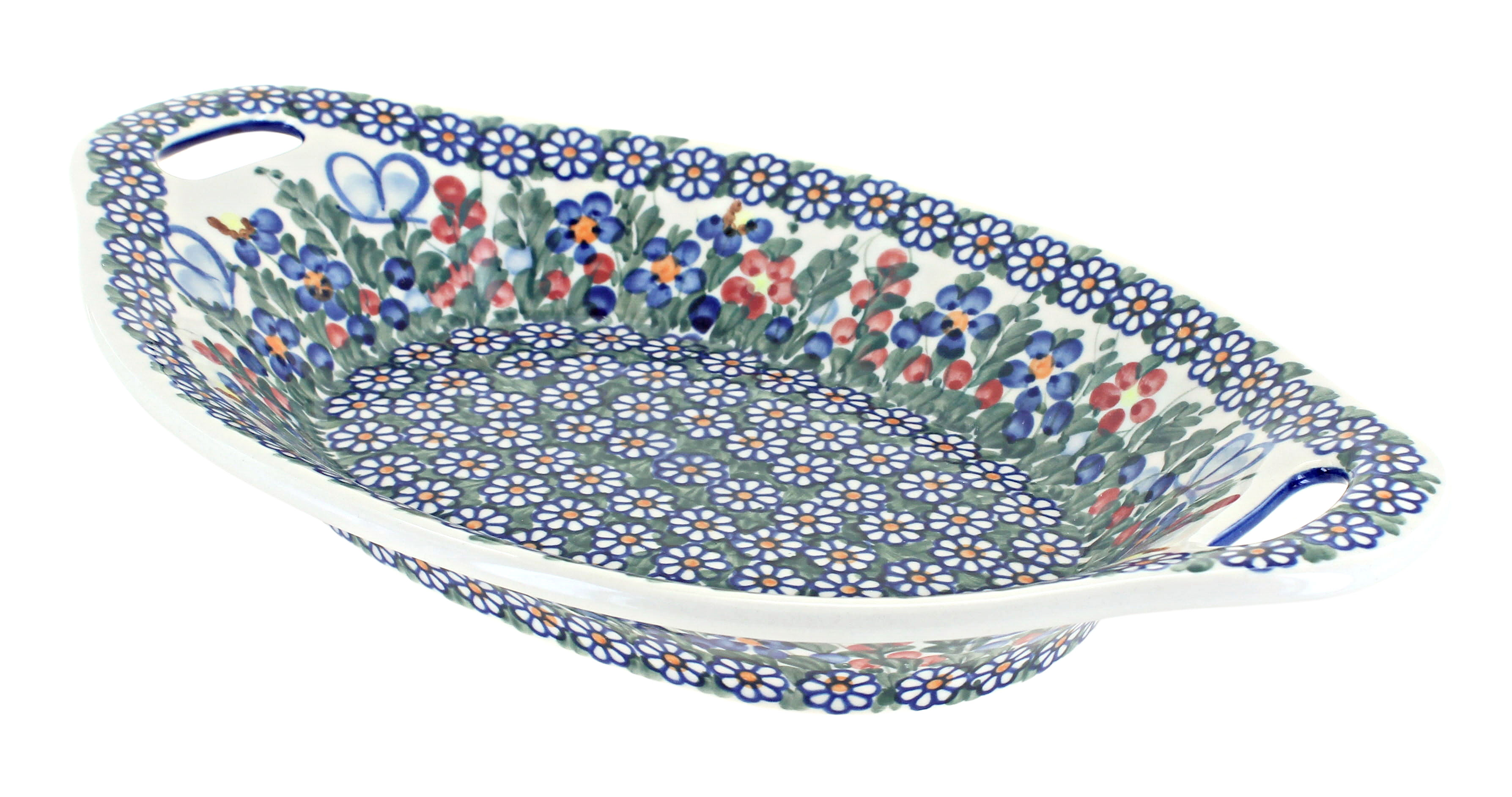 Blue Rose Polish Pottery | Garden Butterfly Bread Tray with Handles