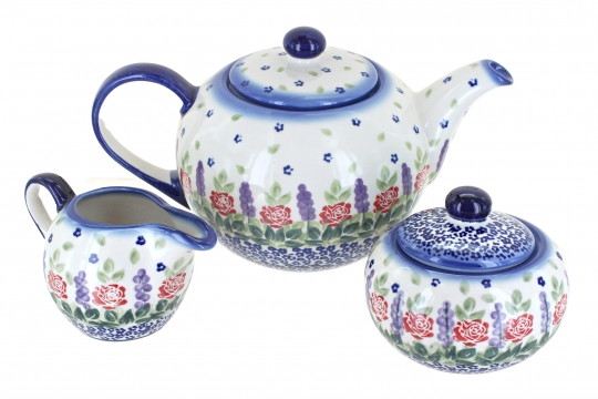 3 Piece Blue Tea Set, Blue Rose Teapot, Creamer & Covered Sugar