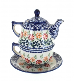 Sunflower Teapot and Tea Cup Set for One Polish Pottery 