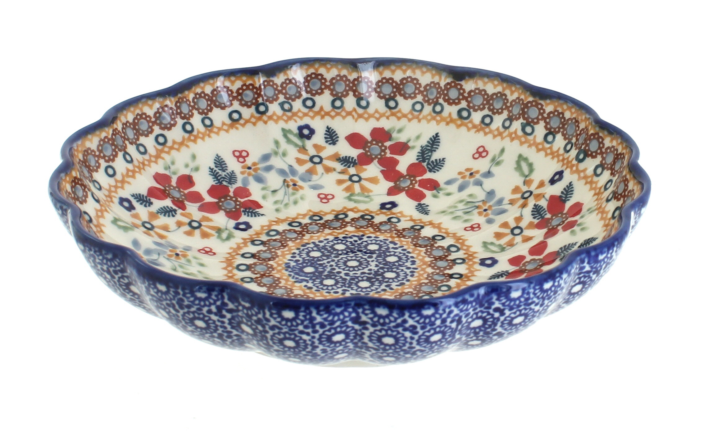 Blue Rose Polish Pottery | Red Daisy Medium Scallop Bowl