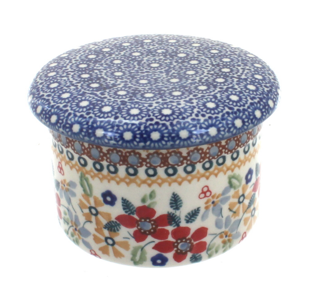 Blue Rose Polish Pottery | Red Daisy French Butter Dish