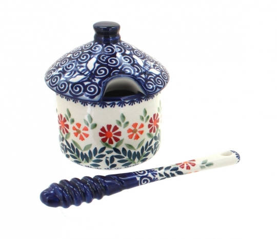 Blue Rose Polish Pottery | Garden Bouquet Honey Pot & Dipper