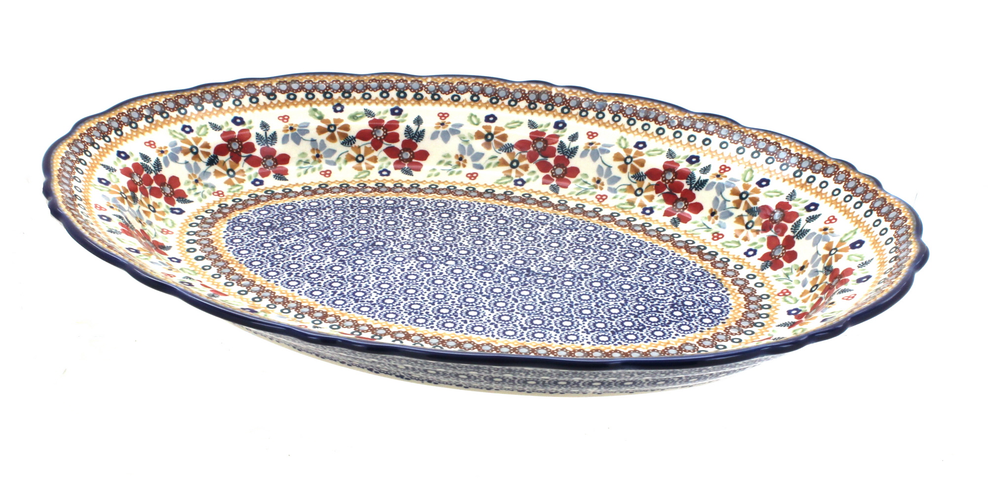 Blue Rose Polish Pottery | Red Daisy Large Oval Serving Platter